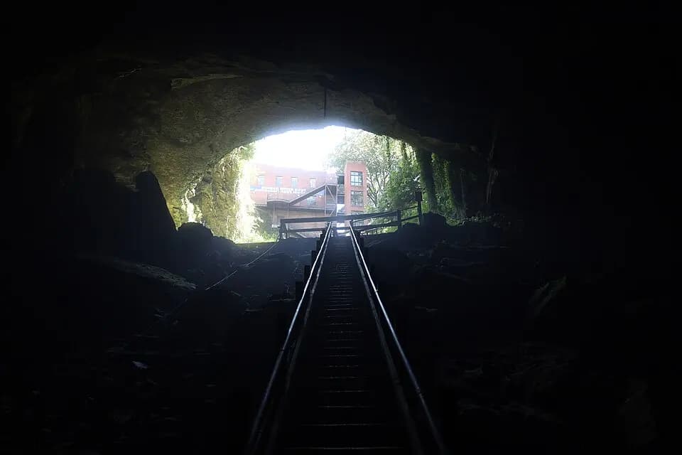 Looking toward daylight from inside the Hidden River Cave entrance in Horse Cave, Kentucky.